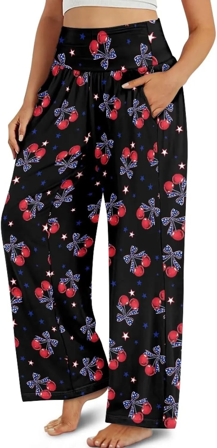Wide Leg Pants for Women Summer 2024 Palazzo Tropical Floral Casual High Waist Trousers with Pockets S-3XL