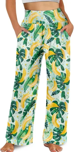Wide Leg Pants for Women Summer 2024 Palazzo Tropical Floral Casual High Waist Trousers with Pockets S-3XL