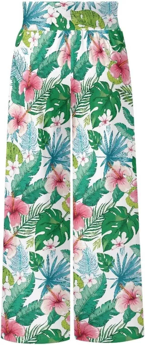 Wide Leg Pants for Women Summer 2024 Palazzo Tropical Floral Casual High Waist Trousers with Pockets S-3XL