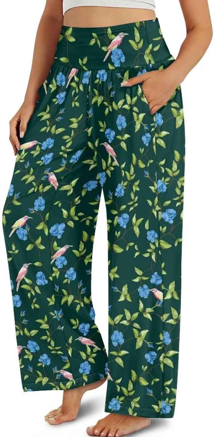 Wide Leg Pants for Women Summer 2024 Palazzo Tropical Floral Casual High Waist Trousers with Pockets S-3XL
