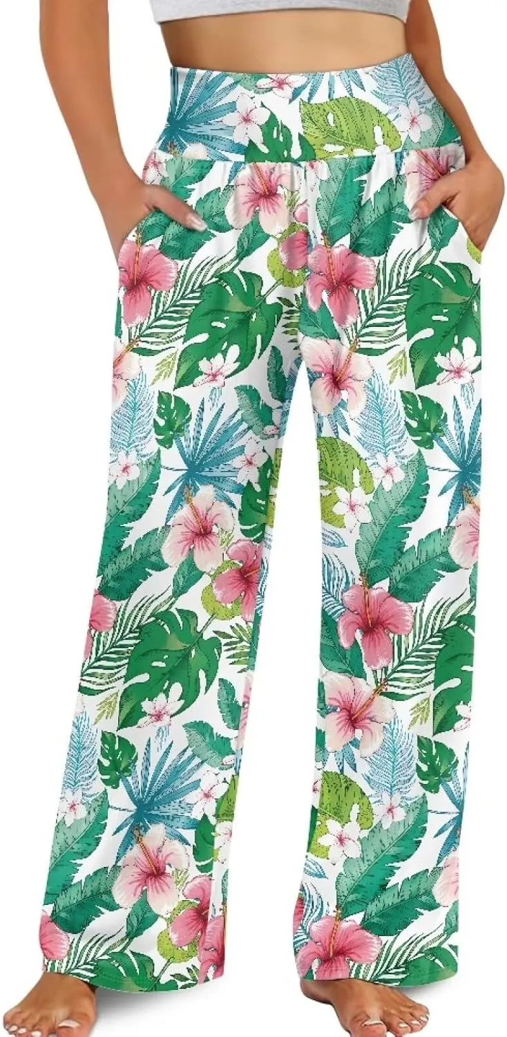 Wide Leg Pants for Women Summer 2024 Palazzo Tropical Floral Casual High Waist Trousers with Pockets S-3XL