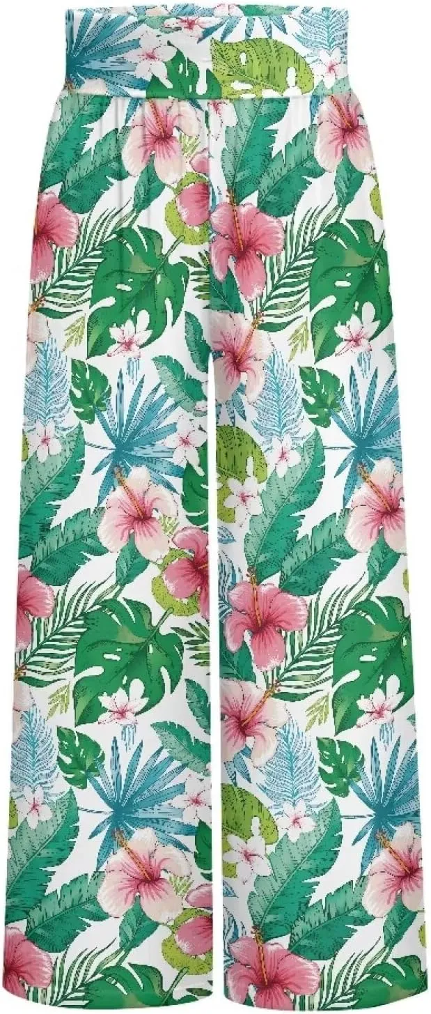 Wide Leg Pants for Women Summer 2024 Palazzo Tropical Floral Casual High Waist Trousers with Pockets S-3XL