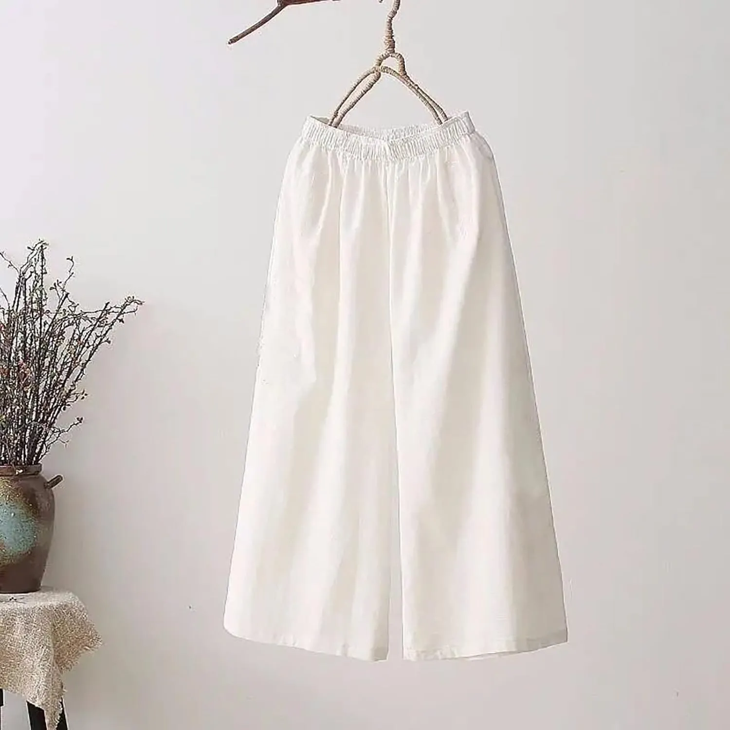 Wide Leg Pants Woman Dressy Linen Pants 2024 Summer Casual High Waisted Baggy Elastic Waist Trousers Loose Flowy Pant