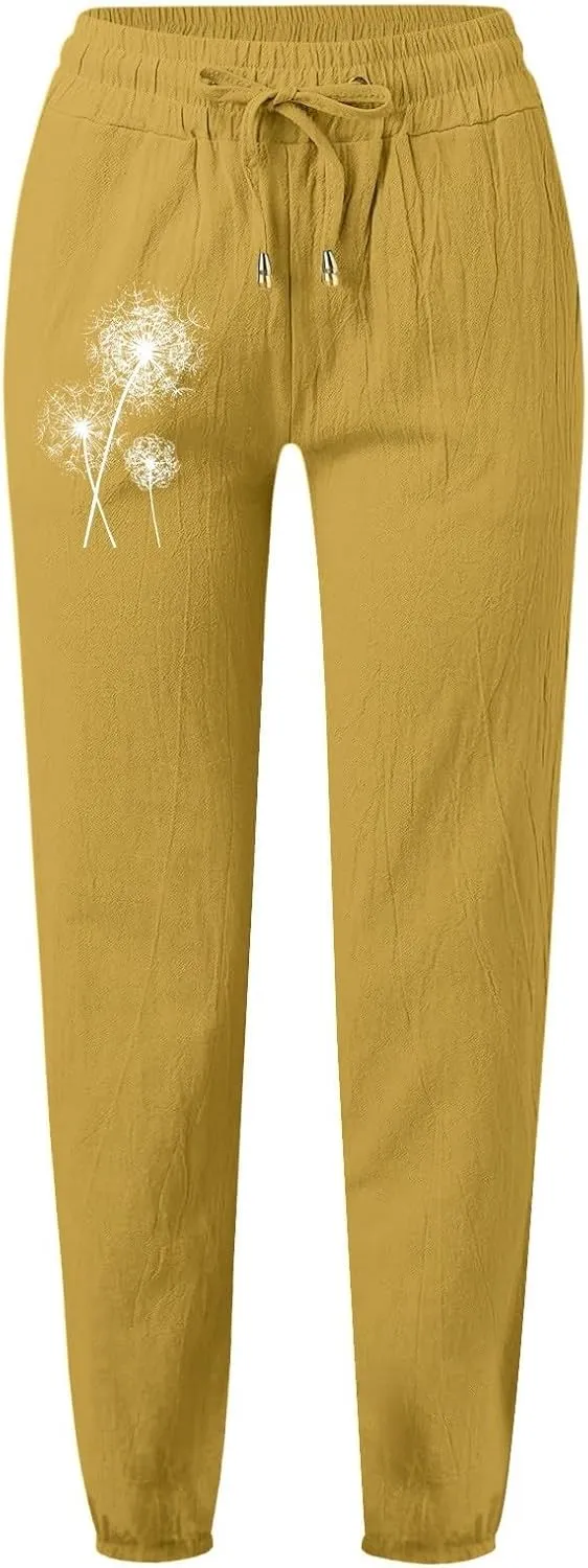 Woman Pants Casual Summer Drawstring High Waist Straight Leg Pants Casual Dressy Work Vacation Beach Trousers with Pockets