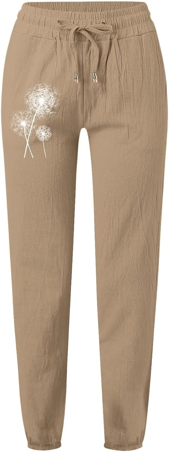 Woman Pants Casual Summer Drawstring High Waist Straight Leg Pants Casual Dressy Work Vacation Beach Trousers with Pockets