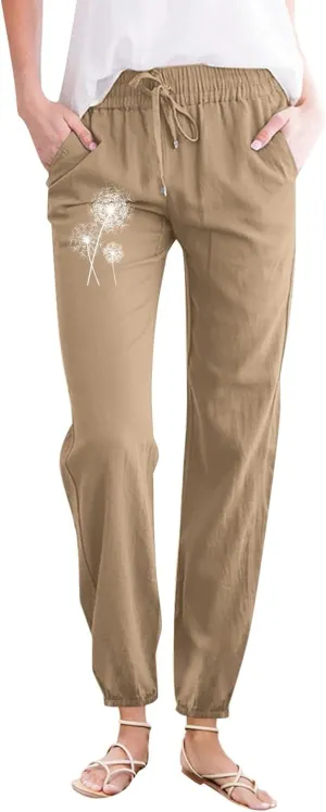 Woman Pants Casual Summer Drawstring High Waist Straight Leg Pants Casual Dressy Work Vacation Beach Trousers with Pockets