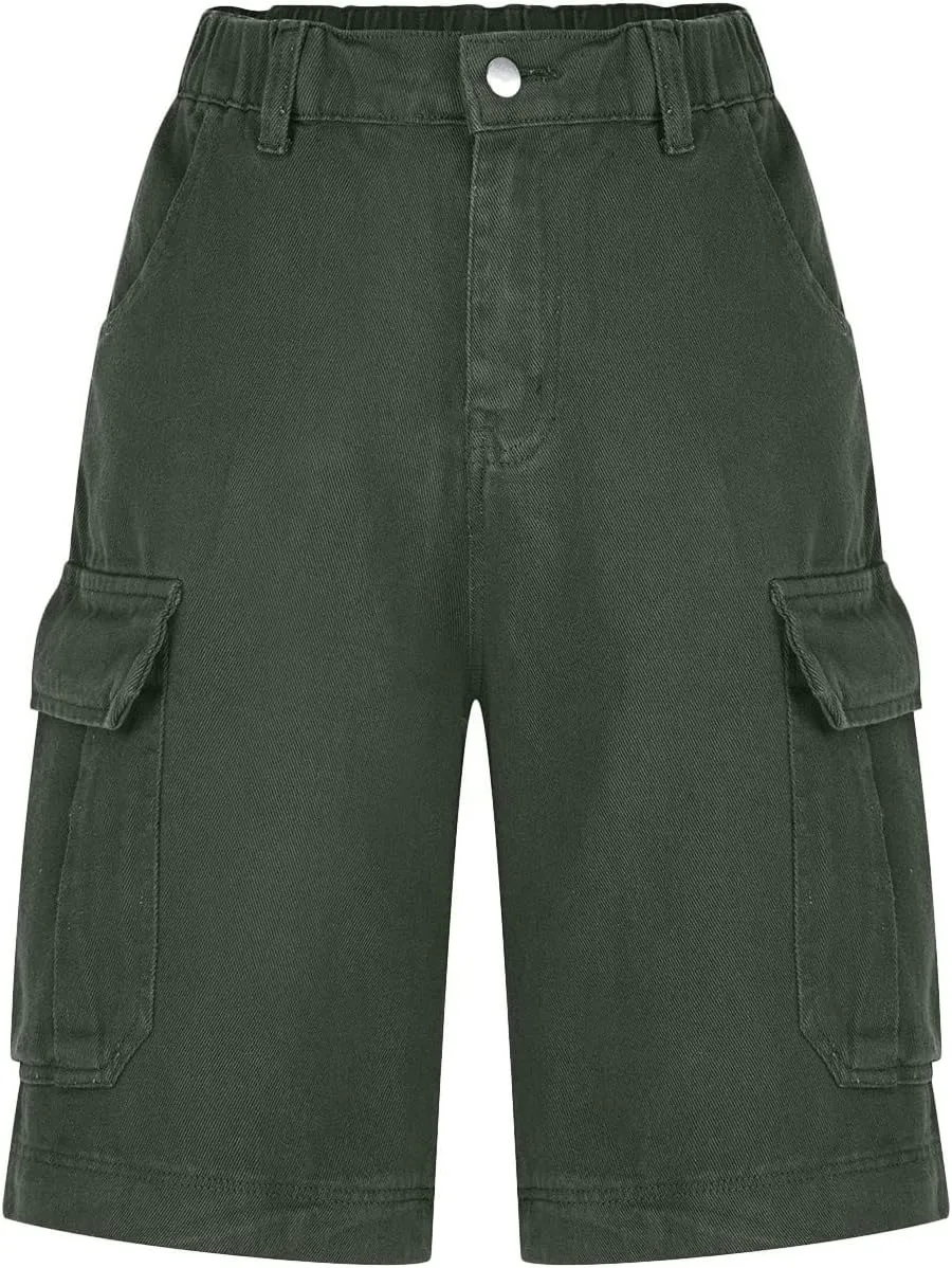 Women Cargo Jean Bermuda Shorts Knee Length Multi-Pockets Pull On Denim Short High Waisted Stretchy Hiking Golf Jorts