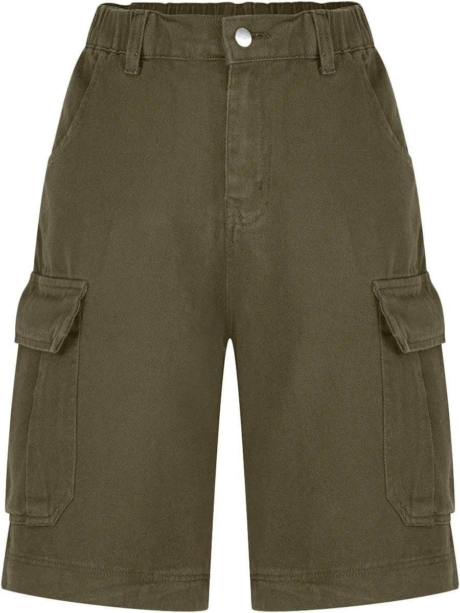 Women Cargo Jean Bermuda Shorts Knee Length Multi-Pockets Pull On Denim Short High Waisted Stretchy Hiking Golf Jorts