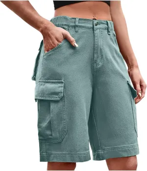 Women Cargo Jean Bermuda Shorts Knee Length Multi-Pockets Pull On Denim Short High Waisted Stretchy Hiking Golf Jorts