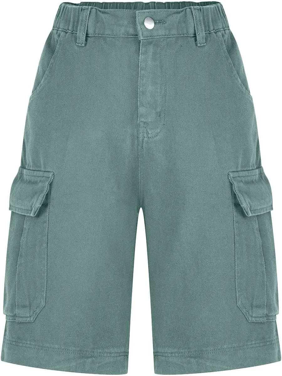 Women Cargo Jean Bermuda Shorts Knee Length Multi-Pockets Pull On Denim Short High Waisted Stretchy Hiking Golf Jorts