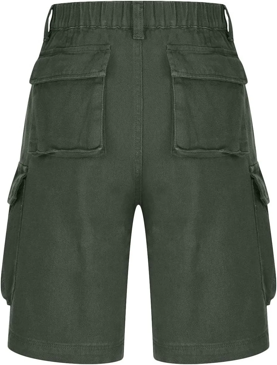 Women Cargo Jean Bermuda Shorts Knee Length Multi-Pockets Pull On Denim Short High Waisted Stretchy Hiking Golf Jorts