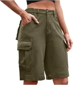 Women Cargo Jean Bermuda Shorts Knee Length Multi-Pockets Pull On Denim Short High Waisted Stretchy Hiking Golf Jorts