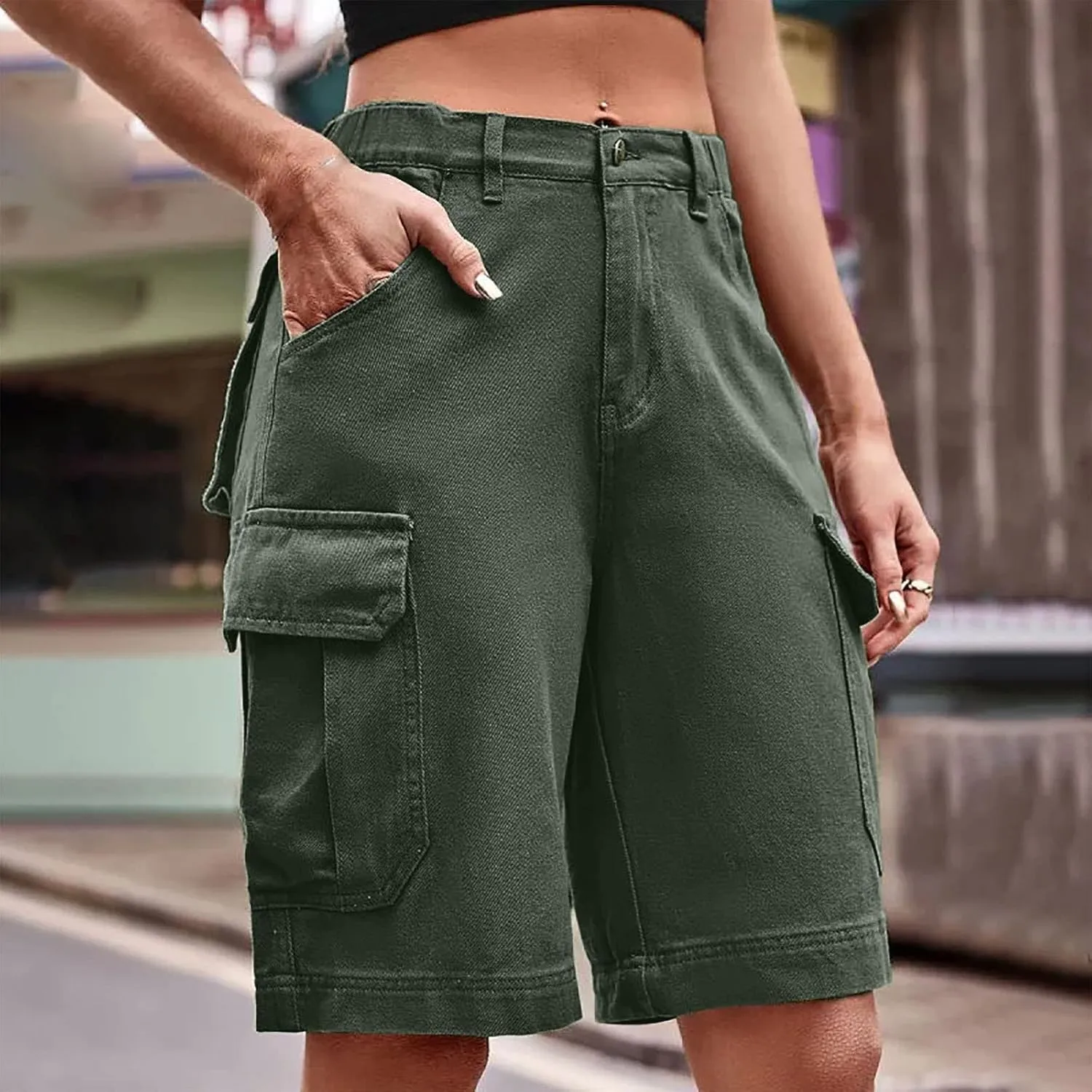 Women Cargo Jean Bermuda Shorts Knee Length Multi-Pockets Pull On Denim Short High Waisted Stretchy Hiking Golf Jorts