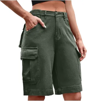 Women Cargo Jean Bermuda Shorts Knee Length Multi-Pockets Pull On Denim Short High Waisted Stretchy Hiking Golf Jorts