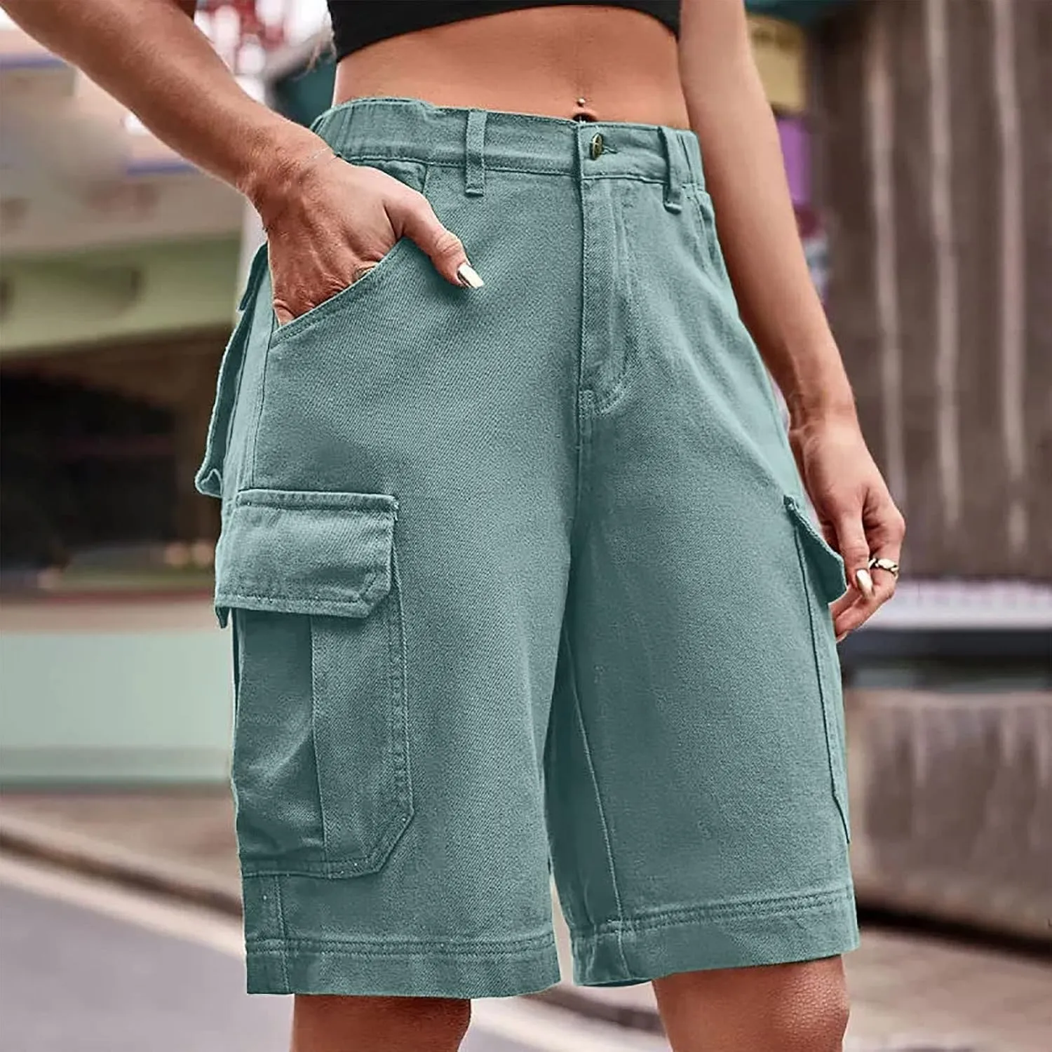 Women Cargo Jean Bermuda Shorts Knee Length Multi-Pockets Pull On Denim Short High Waisted Stretchy Hiking Golf Jorts