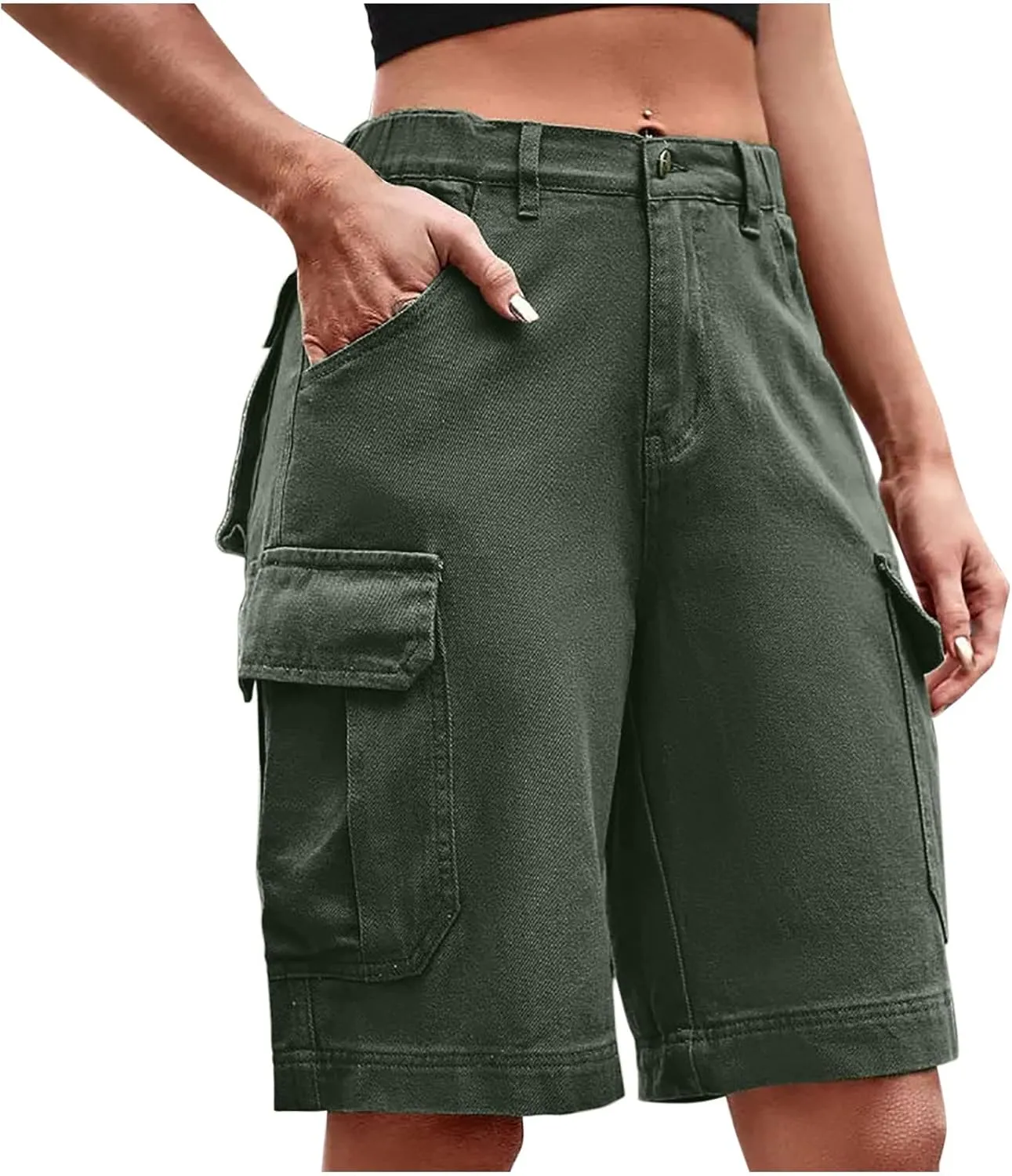 Women Cargo Jean Bermuda Shorts Knee Length Multi-Pockets Pull On Denim Short High Waisted Stretchy Hiking Golf Jorts