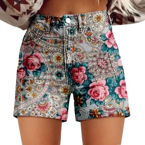Women Denim Shorts Vintage Boho Floral Print Denim Jeans Casual High Waist Slim Bermuda Short Retro Y2K Streetwear
