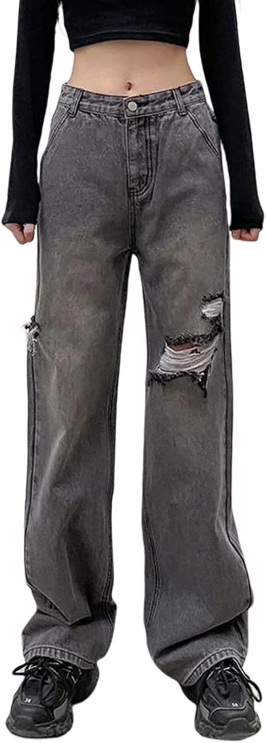 Women Fashion Denim Pants High Waist Straight Leg Baggy E-Girls Boyfriend Jeans Trousers Streetwear