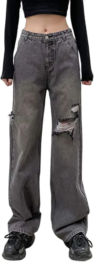 Women Fashion Denim Pants High Waist Straight Leg Baggy E-Girls Boyfriend Jeans Trousers Streetwear