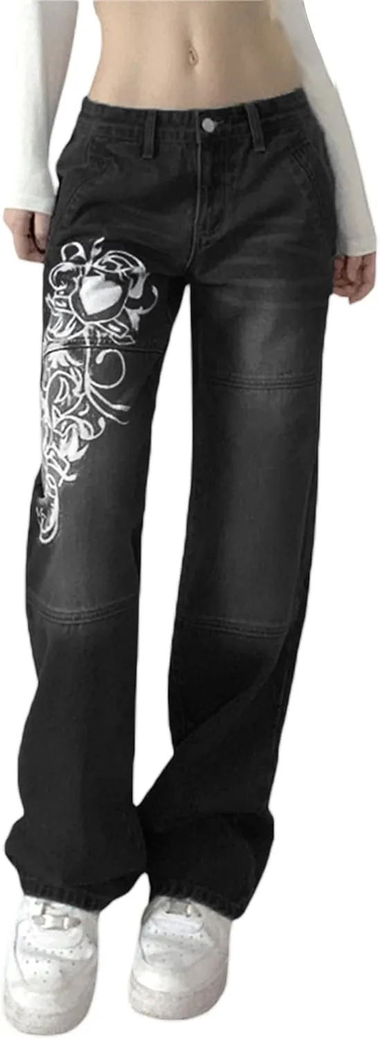 Women Fashion Denim Pants High Waist Straight Leg Baggy E-Girls Boyfriend Jeans Trousers Streetwear