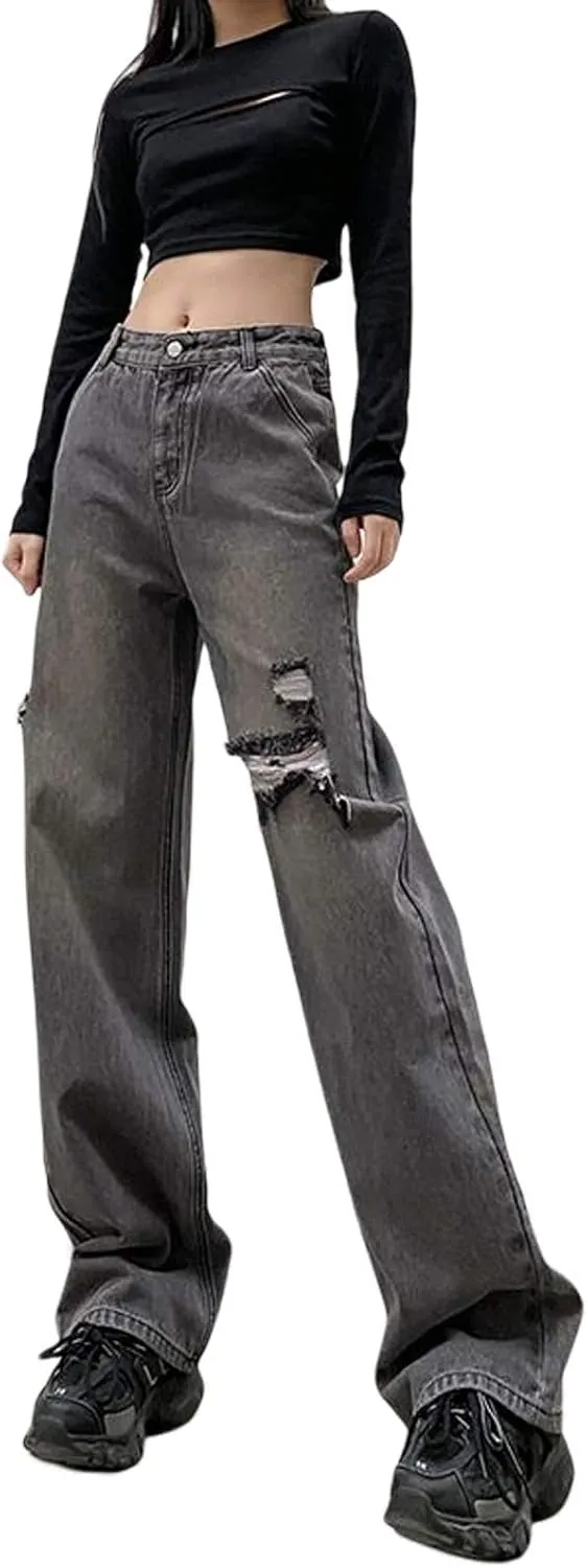 Women Fashion Denim Pants High Waist Straight Leg Baggy E-Girls Boyfriend Jeans Trousers Streetwear