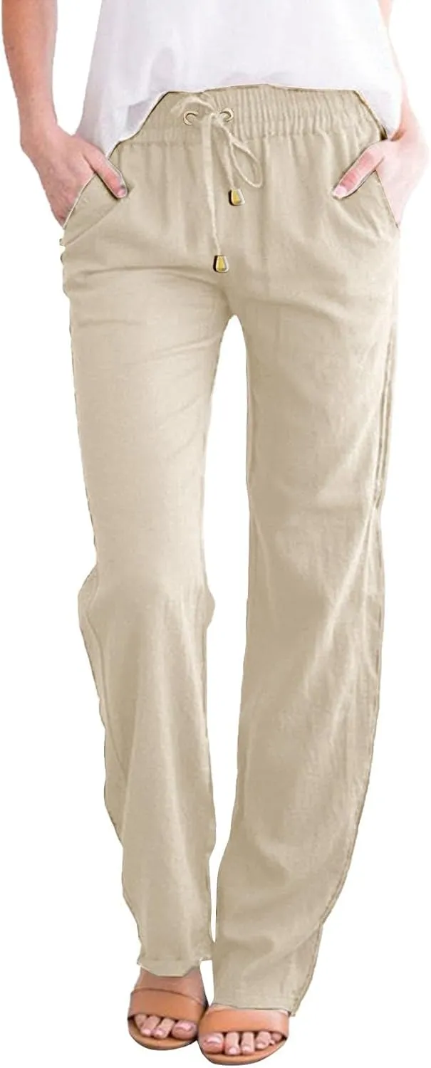Women Fashion Summer Straight Pants Cotton Linen Solid Color Trousers Wide Leg Long Pants Plus Size Pants with