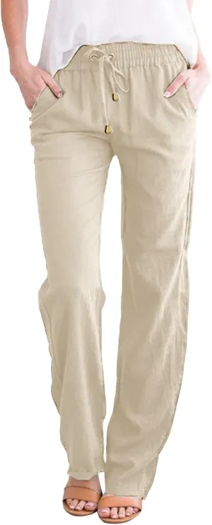 Women Fashion Summer Straight Pants Cotton Linen Solid Color Trousers Wide Leg Long Pants Plus Size Pants with