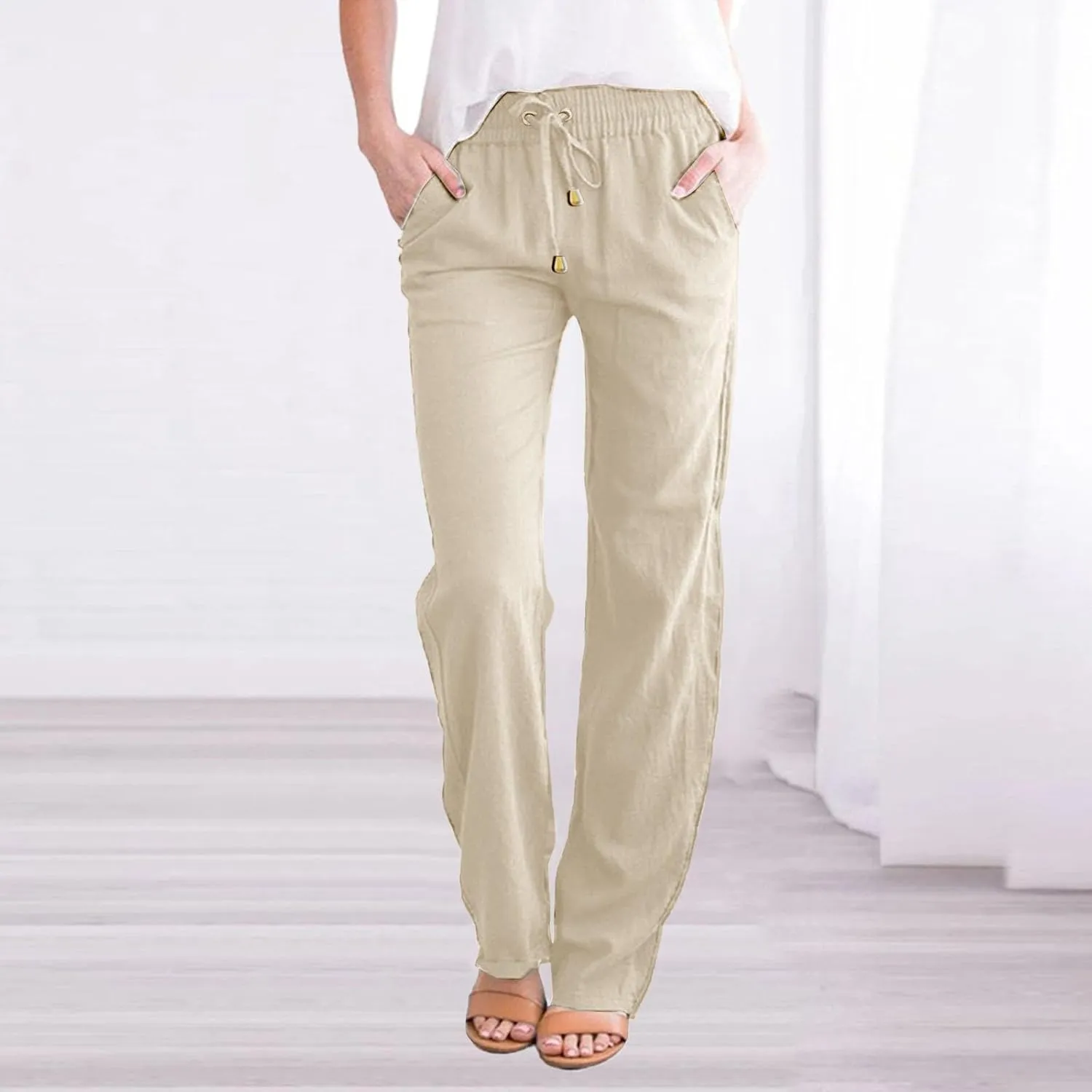 Women Fashion Summer Straight Pants Cotton Linen Solid Color Trousers Wide Leg Long Pants Plus Size Pants with