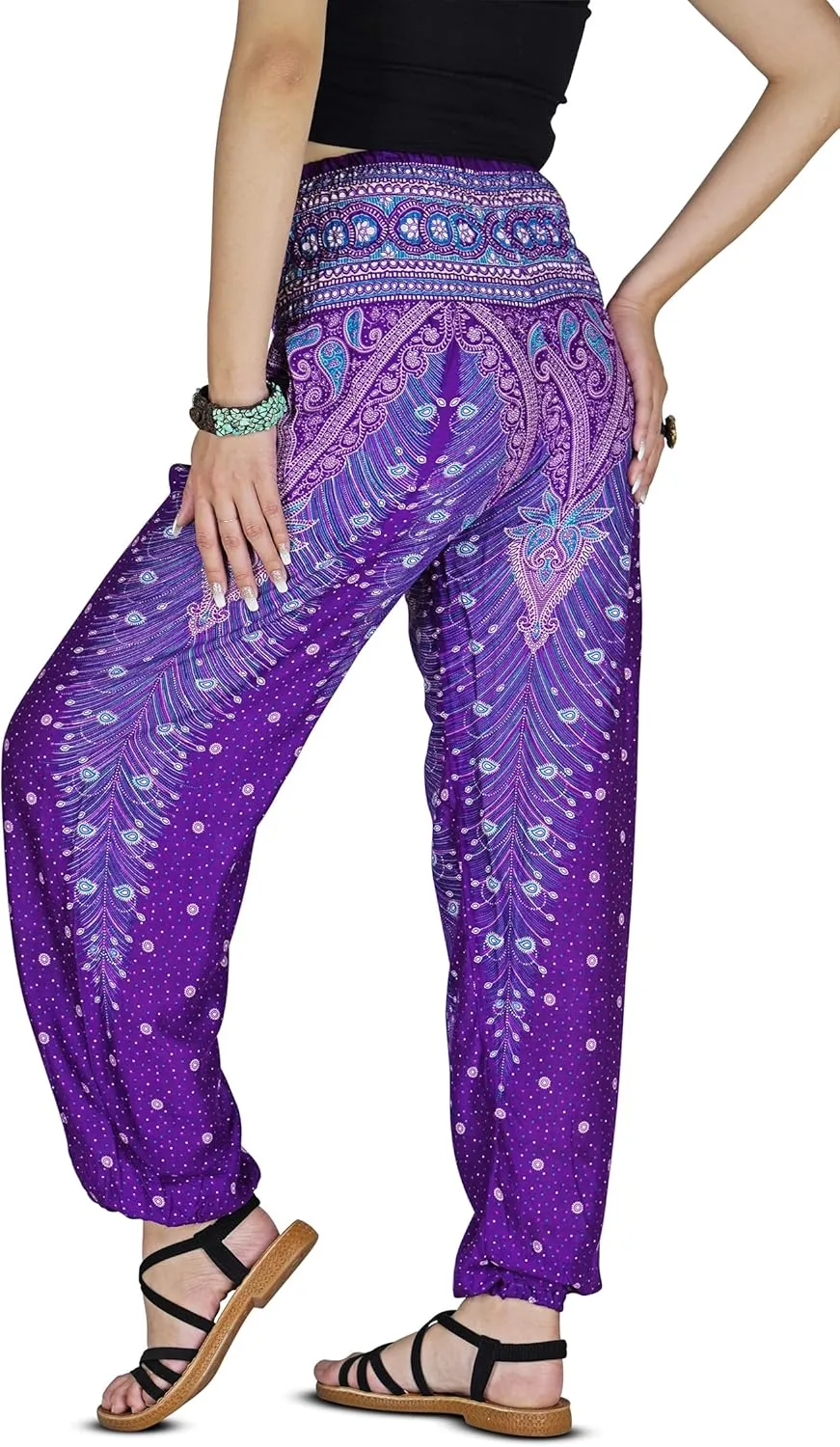 Women Harem Pant Boho Genie Aladdin Smocked Waist Yoga Trousers