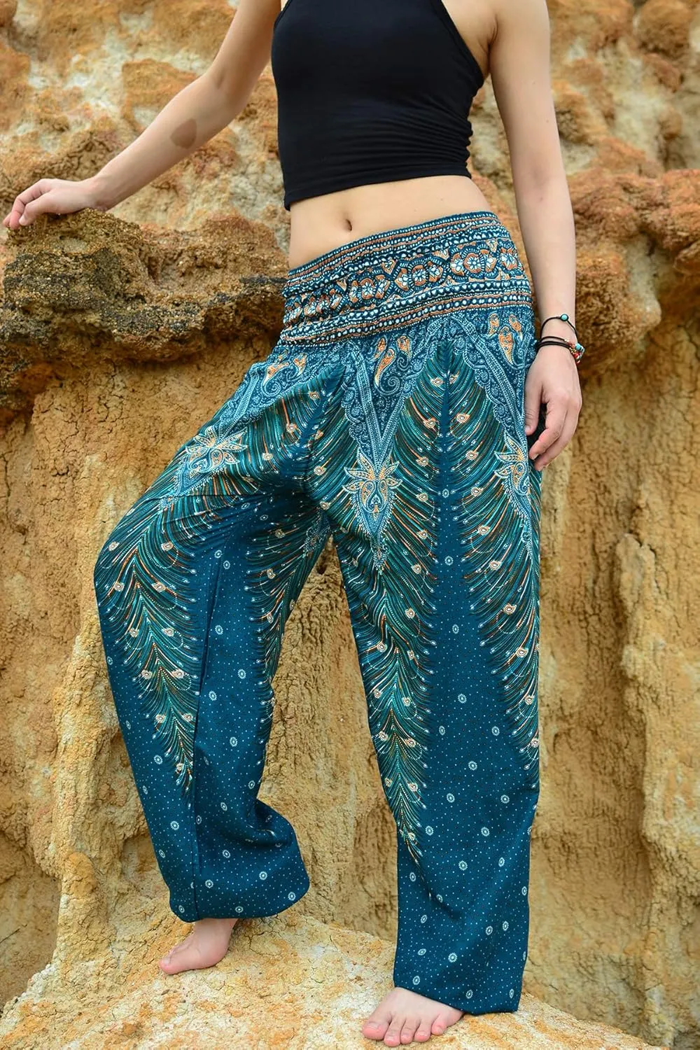 Women Harem Pant Boho Genie Aladdin Smocked Waist Yoga Trousers