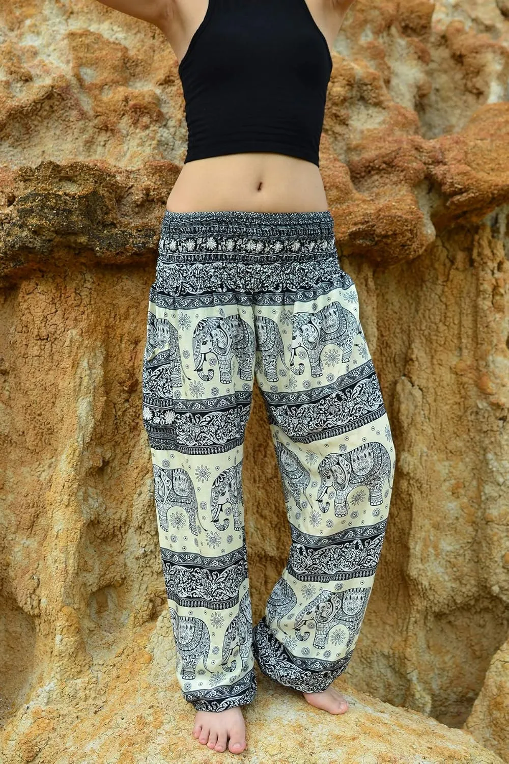 Women Harem Pant Boho Genie Aladdin Smocked Waist Yoga Trousers