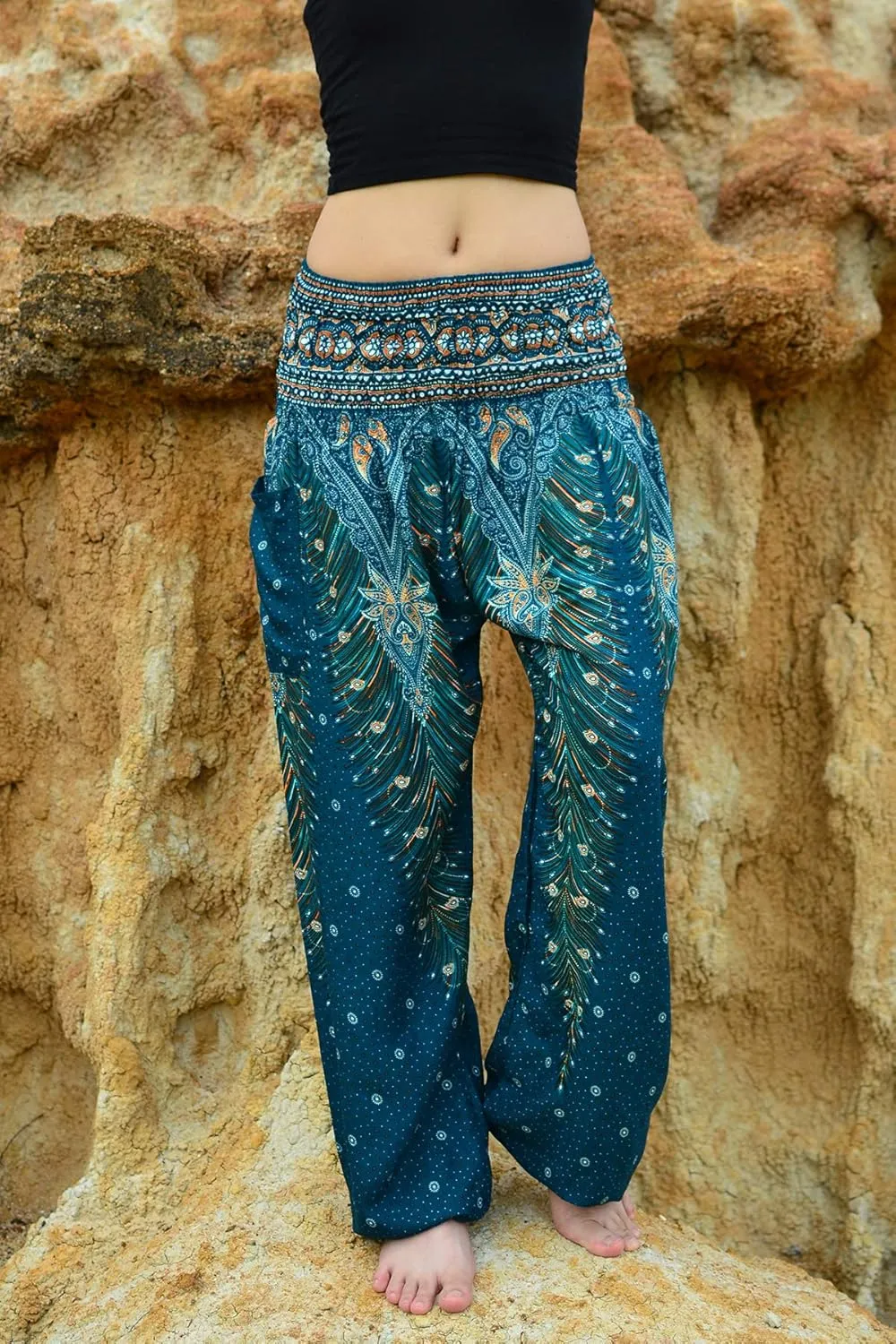 Women Harem Pant Boho Genie Aladdin Smocked Waist Yoga Trousers