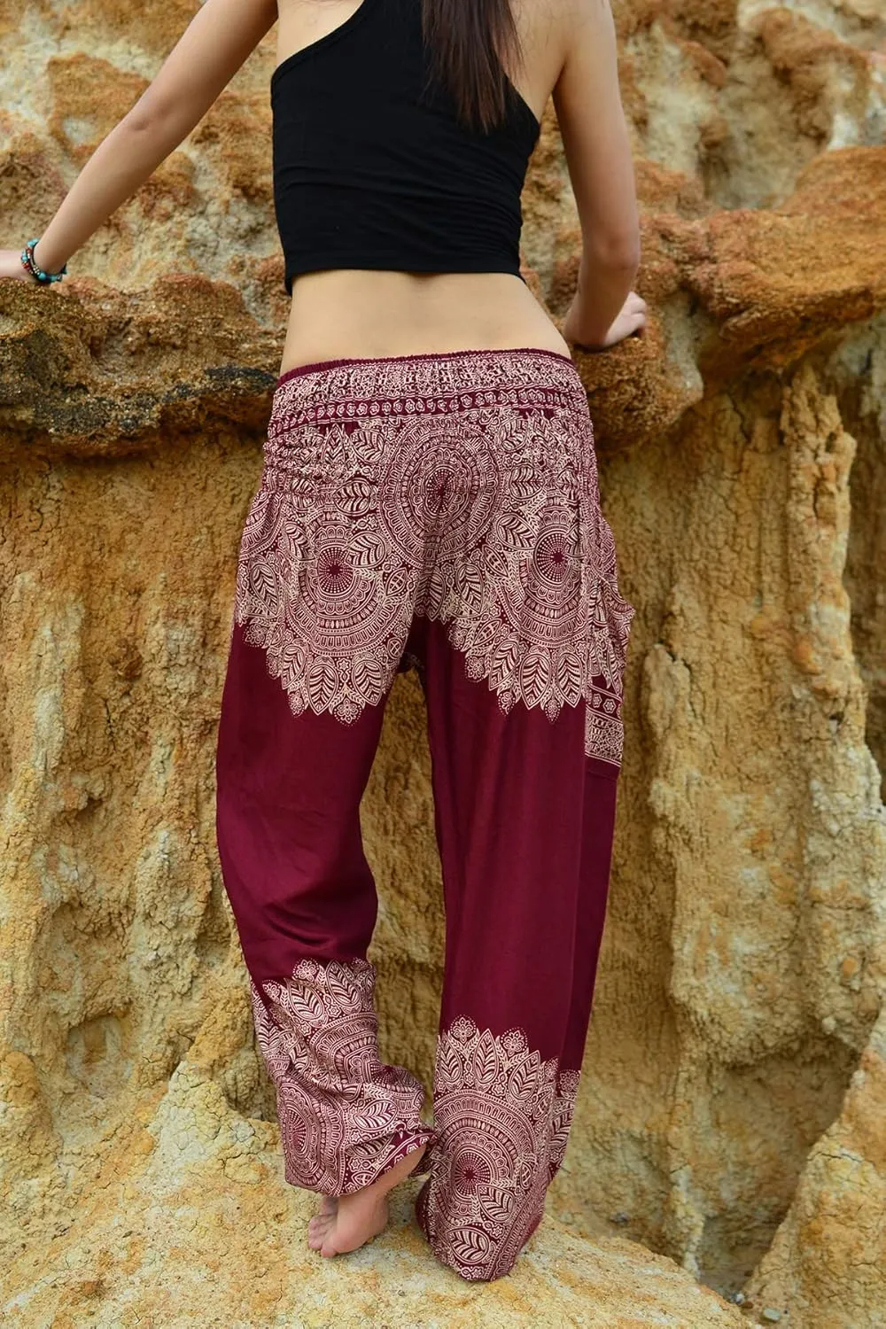 Women Harem Pant Boho Genie Aladdin Smocked Waist Yoga Trousers