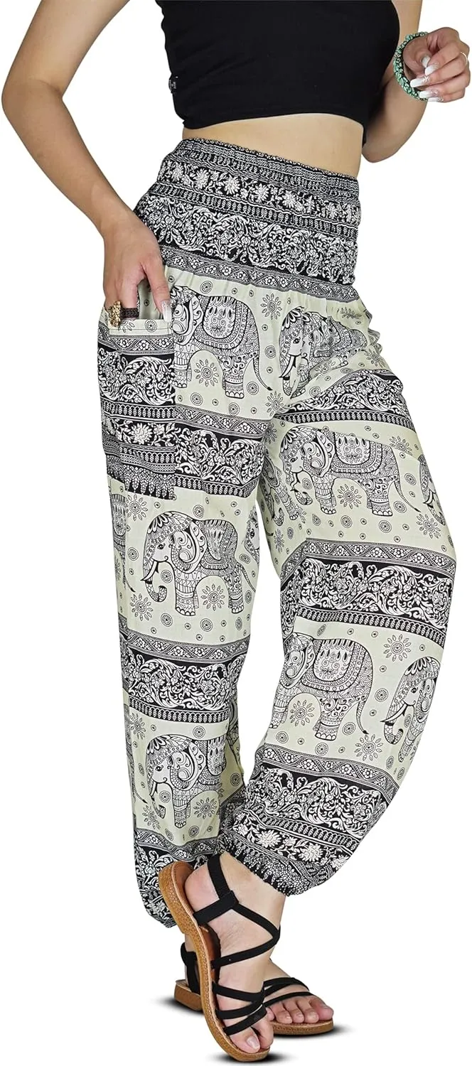 Women Harem Pant Boho Genie Aladdin Smocked Waist Yoga Trousers
