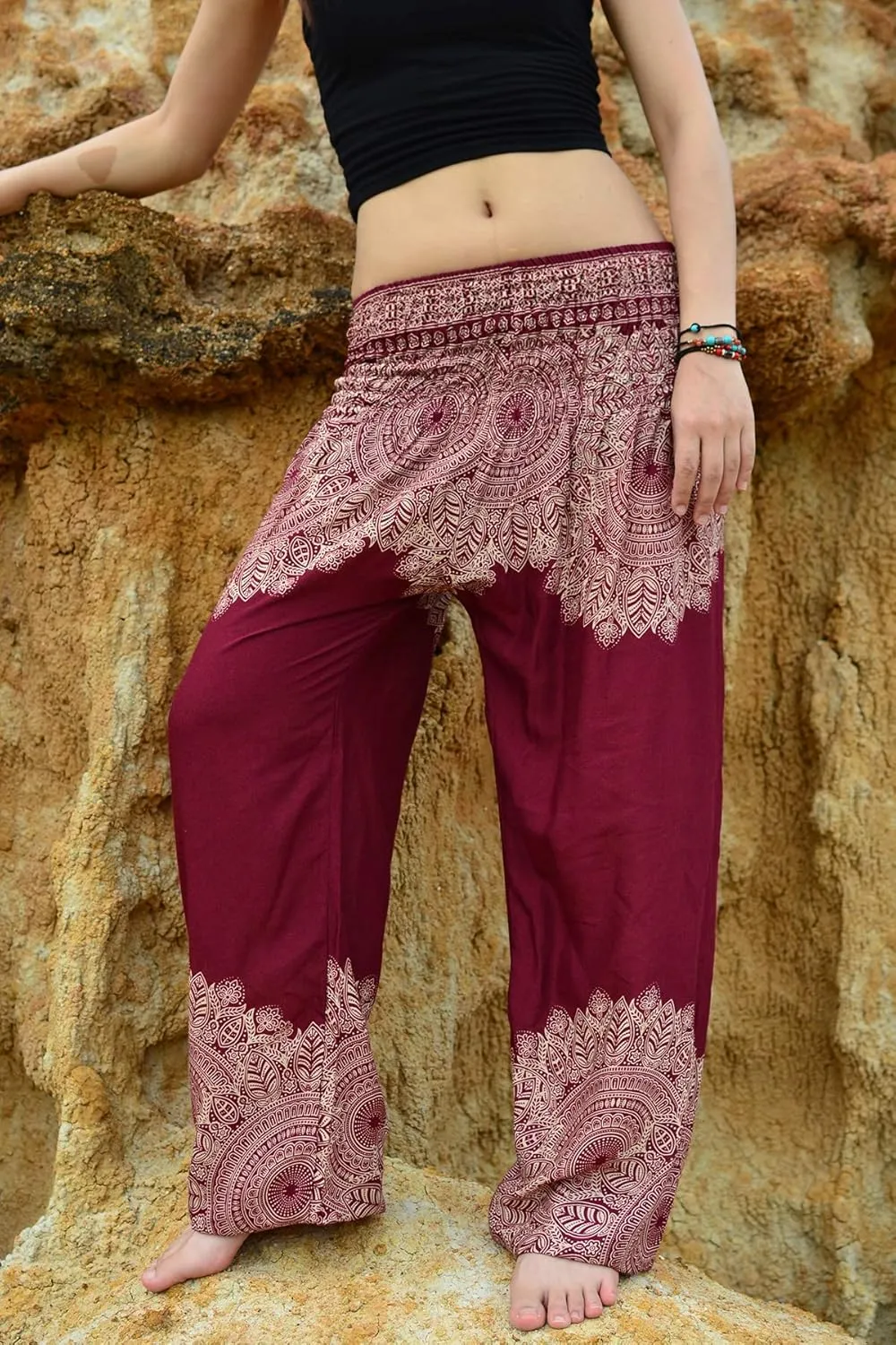 Women Harem Pant Boho Genie Aladdin Smocked Waist Yoga Trousers