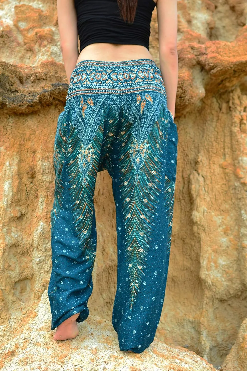 Women Harem Pant Boho Genie Aladdin Smocked Waist Yoga Trousers