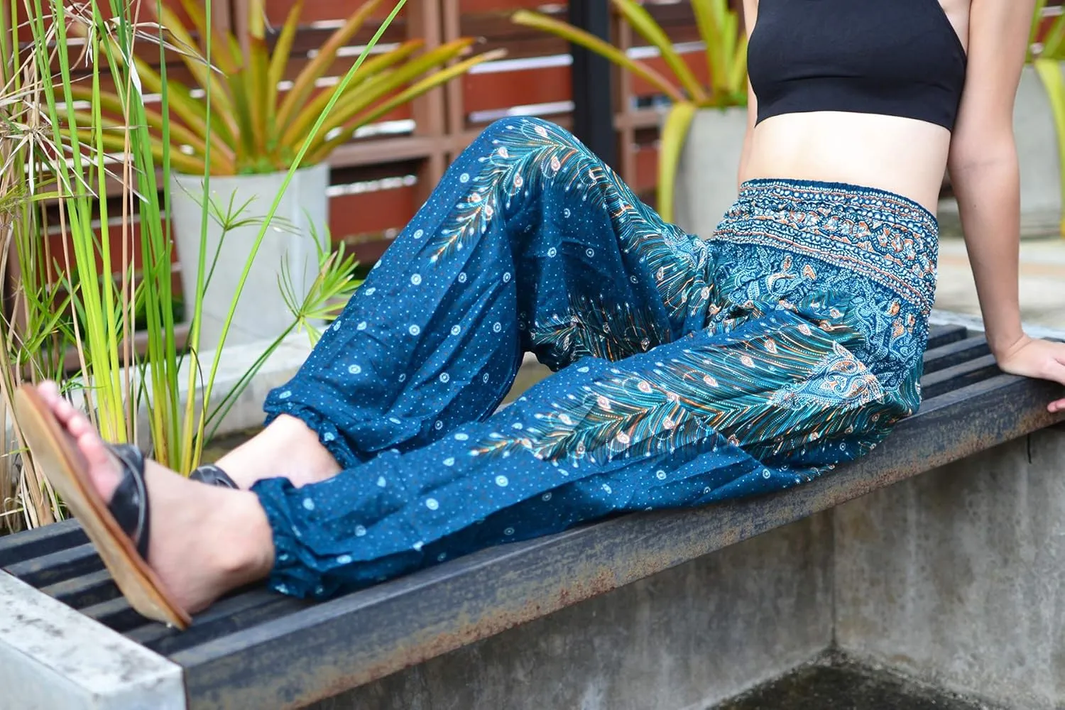 Women Harem Pant Boho Genie Aladdin Smocked Waist Yoga Trousers