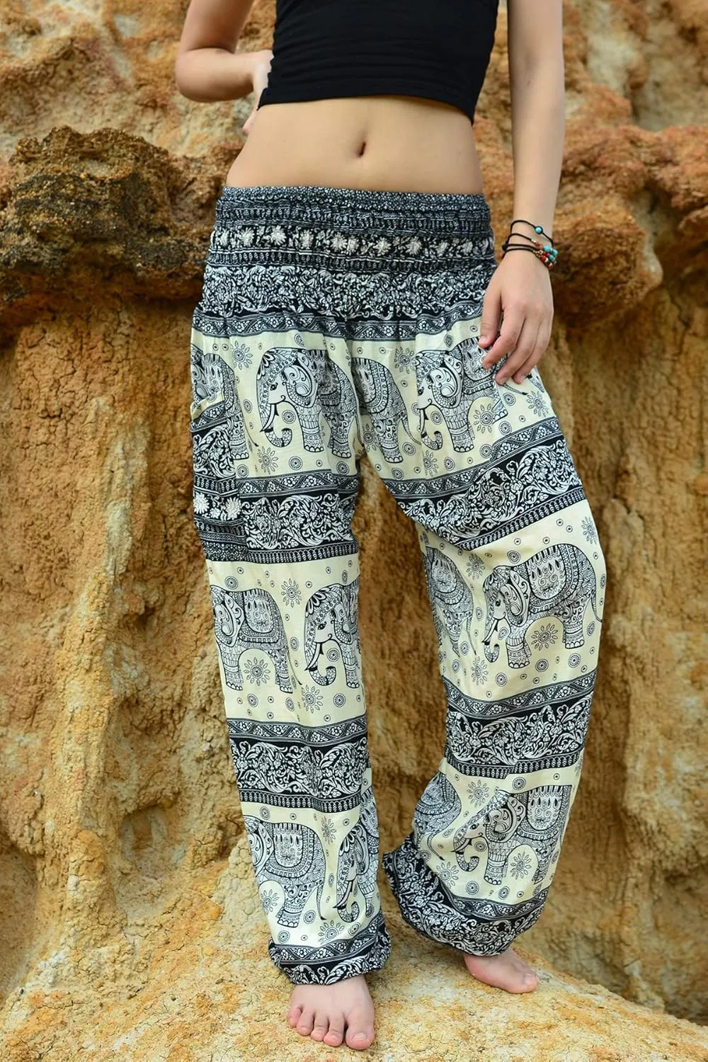Women Harem Pant Boho Genie Aladdin Smocked Waist Yoga Trousers