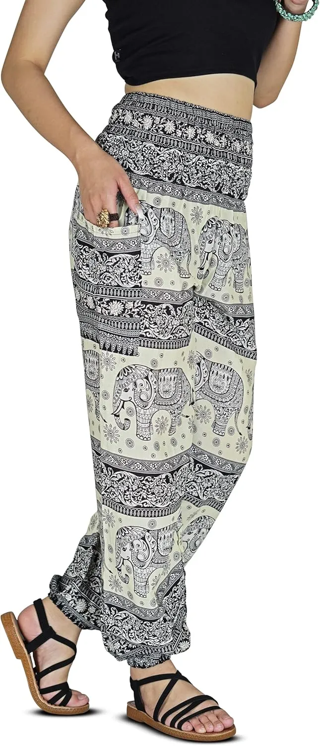 Women Harem Pant Boho Genie Aladdin Smocked Waist Yoga Trousers