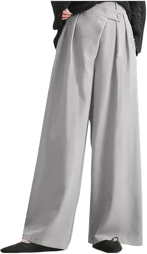 Women High Waist Casual Wide Leg Long Palazzo Pants Trousers Plus Size Irregular Belt Button Work Dress Pants