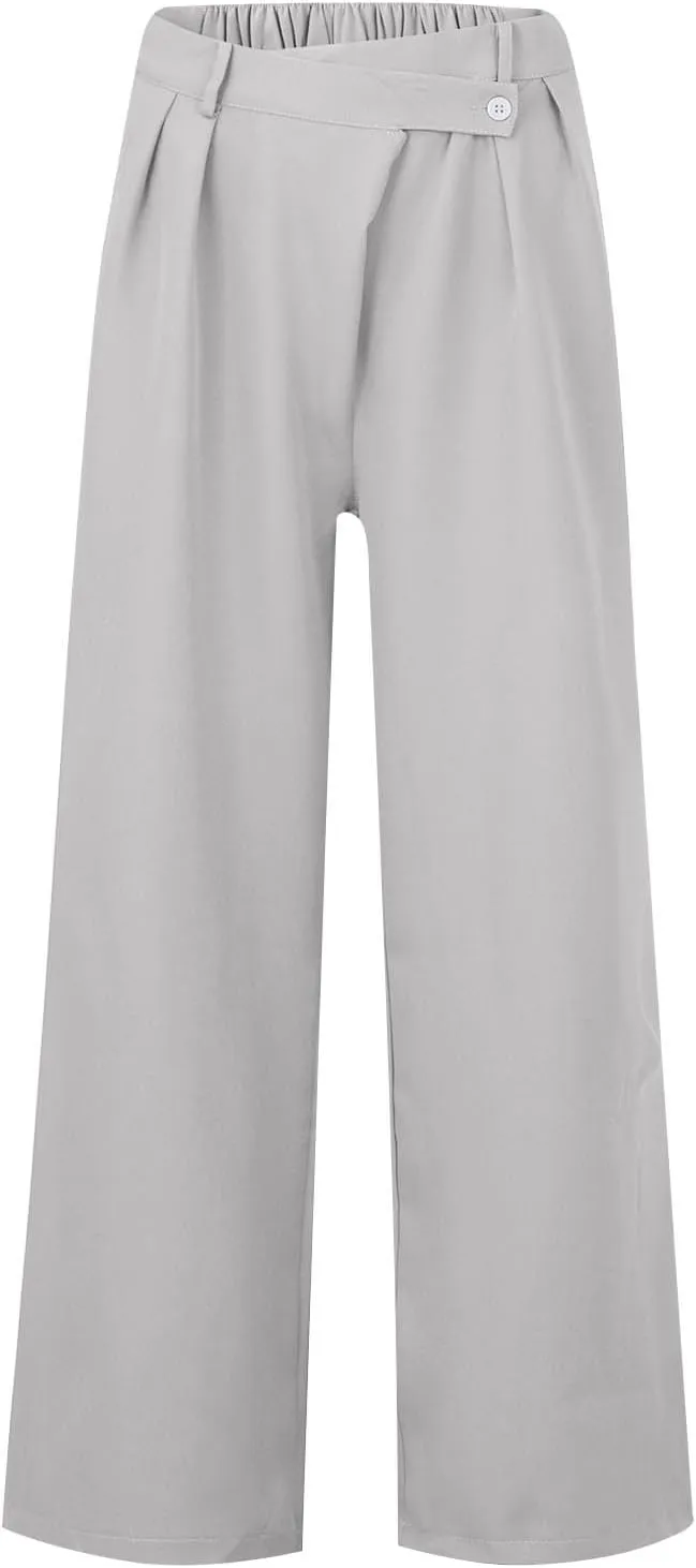 Women High Waist Casual Wide Leg Long Palazzo Pants Trousers Plus Size Irregular Belt Button Work Dress Pants