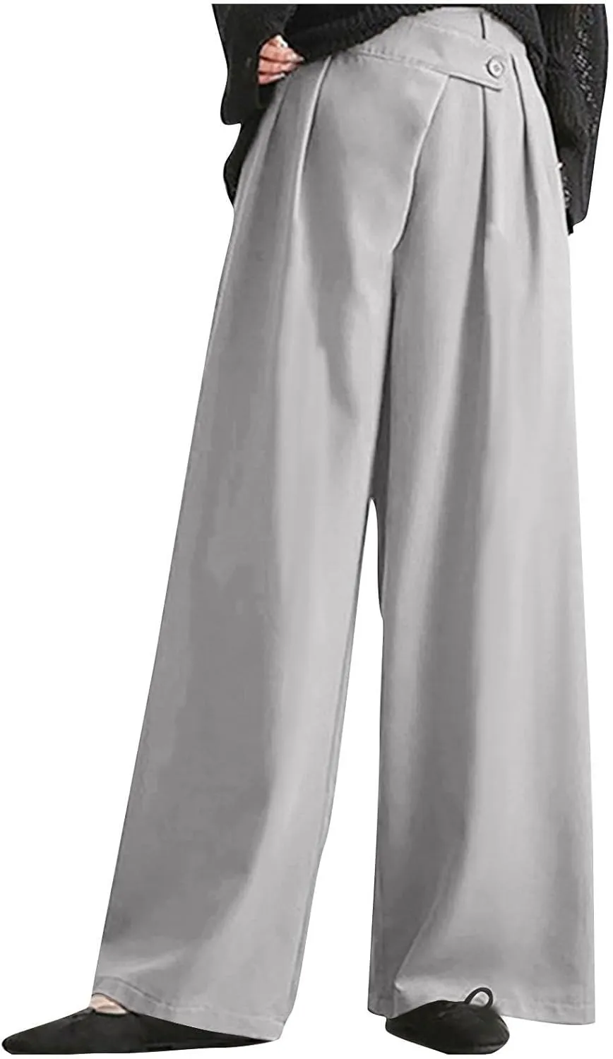 Women High Waist Casual Wide Leg Long Palazzo Pants Trousers Plus Size Irregular Belt Button Work Dress Pants