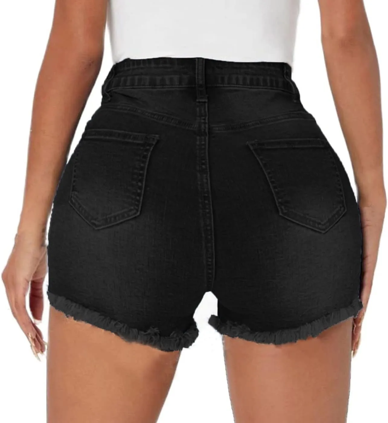 Women High Waisted Skinny Stretchy Denim Shorts Casual Summer Frayed Raw Hem Distressed Ripped Short Jeans
