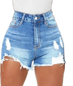 Women High Waisted Skinny Stretchy Denim Shorts Casual Summer Frayed Raw Hem Distressed Ripped Short Jeans