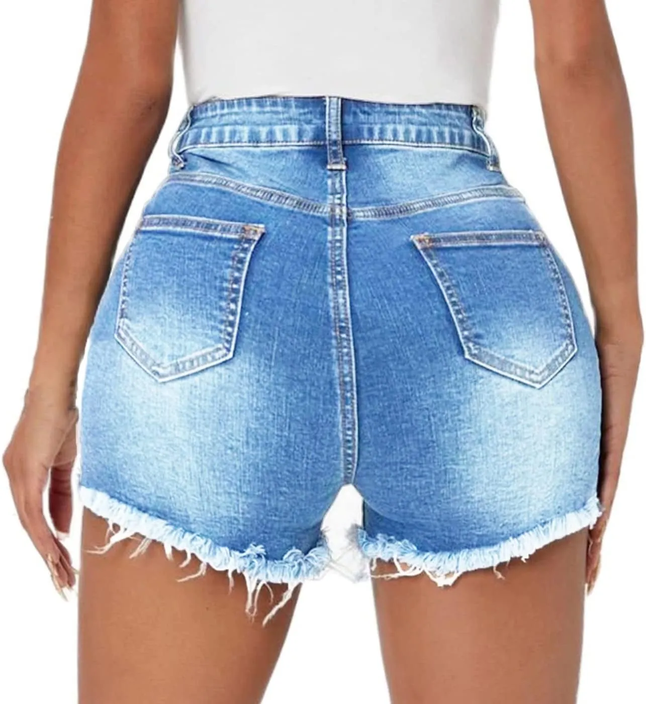 Women High Waisted Skinny Stretchy Denim Shorts Casual Summer Frayed Raw Hem Distressed Ripped Short Jeans