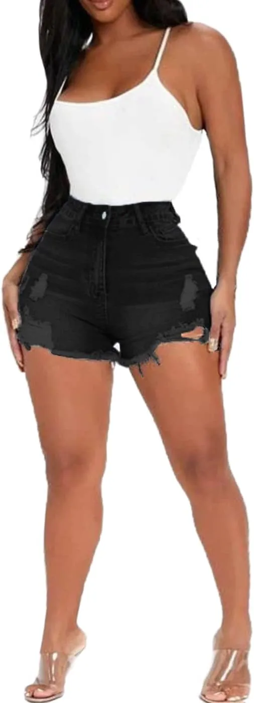 Women High Waisted Skinny Stretchy Denim Shorts Casual Summer Frayed Raw Hem Distressed Ripped Short Jeans