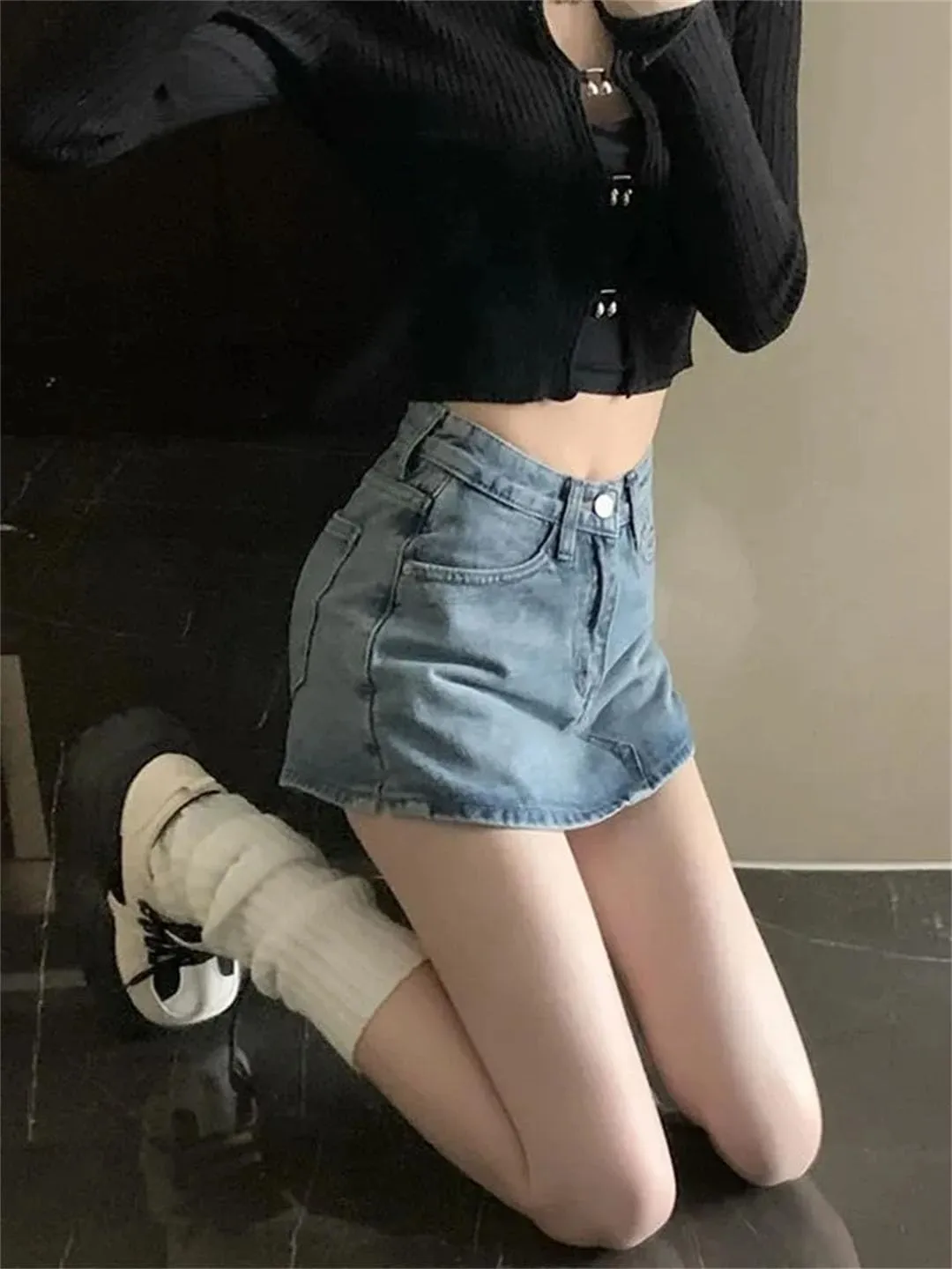 Women High-Waisted Vintage Denim Short Skirt Small Slim Sexy A-Line Mini Jeans Pants