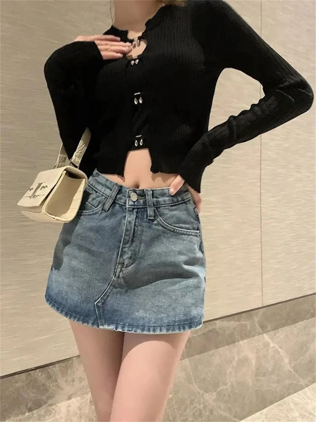 Women High-Waisted Vintage Denim Short Skirt Small Slim Sexy A-Line Mini Jeans Pants