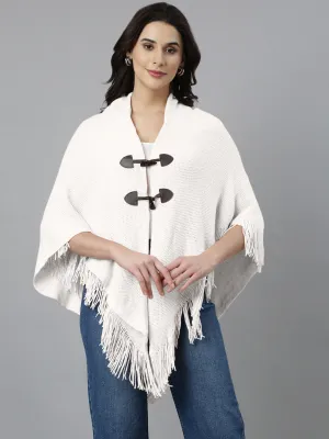 Women Hood Neck Solid White Longline Poncho