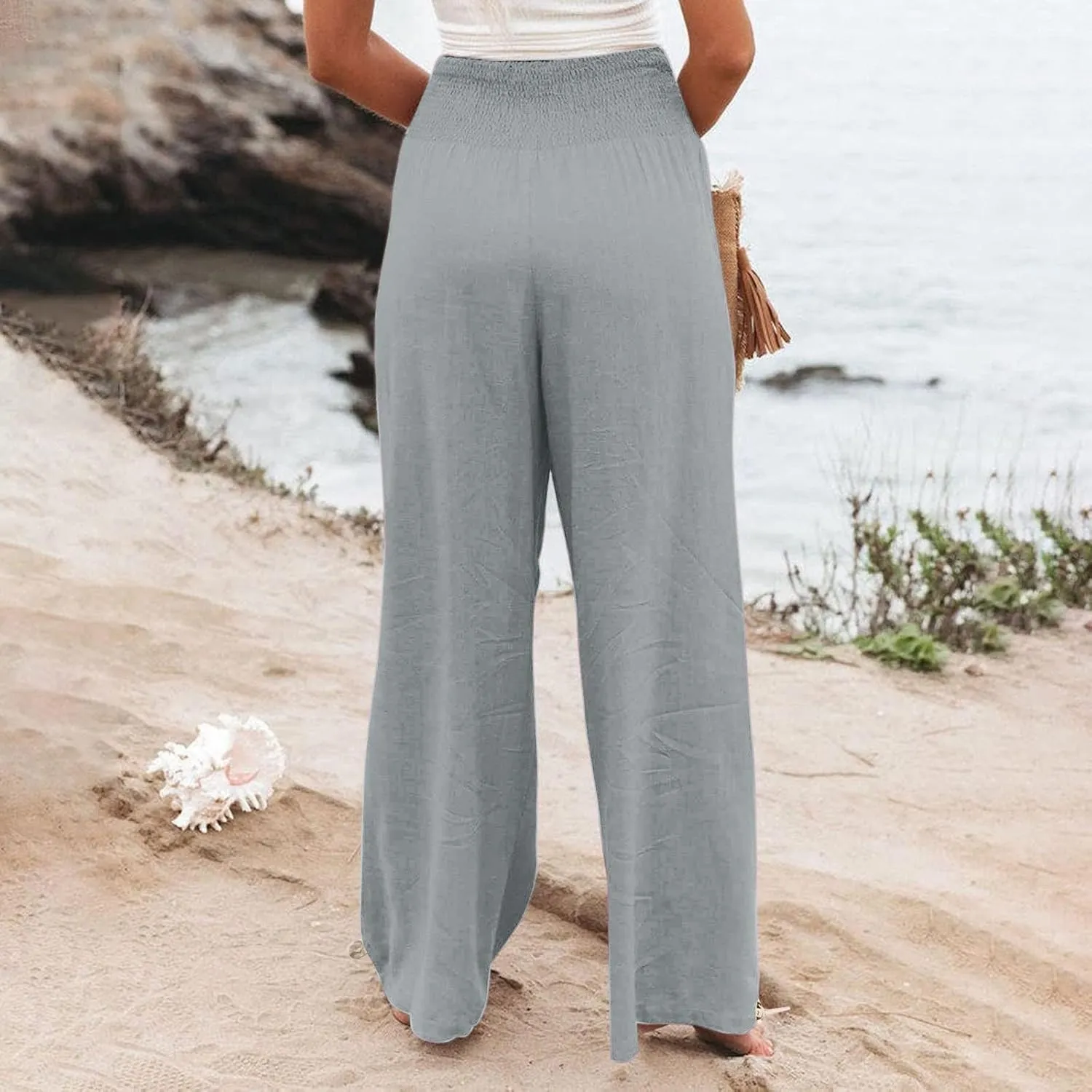 Women Linen Palazzo Pants Summer Wide Leg High Waist Casual Slacks Boho Beach Travel Plus Size Trousers with Pockets